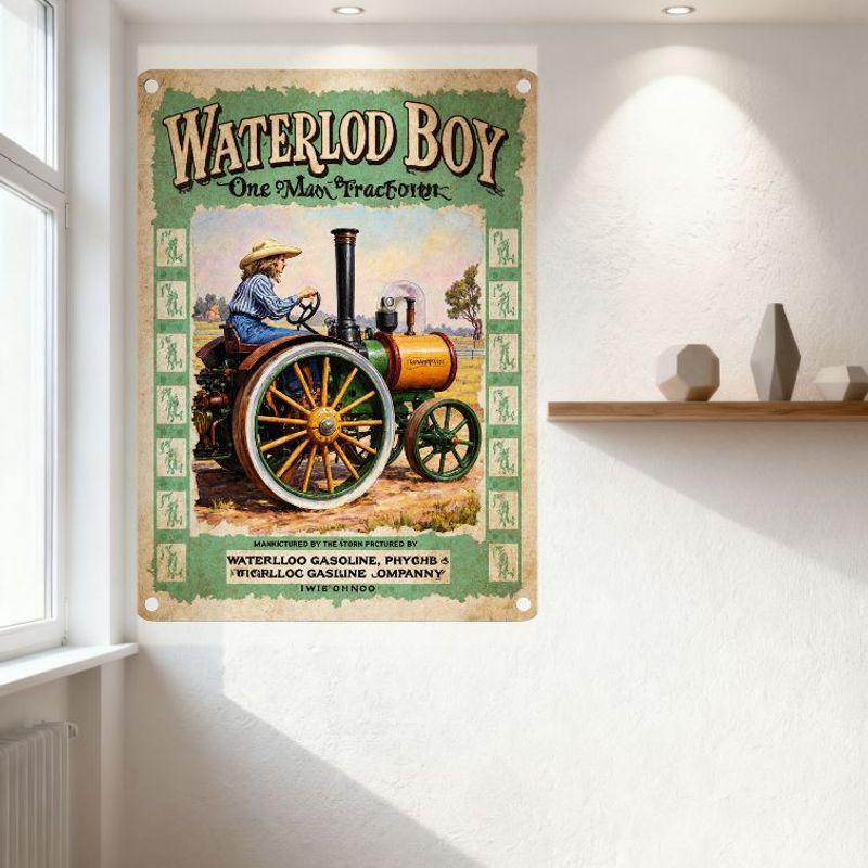 Vintage Waterloo Boy Steam Tractor Tin Sign, One Man Tractor Farm Scene Metal Poster for Bar Pub Home Wall Decor, Retro 1900s Ad