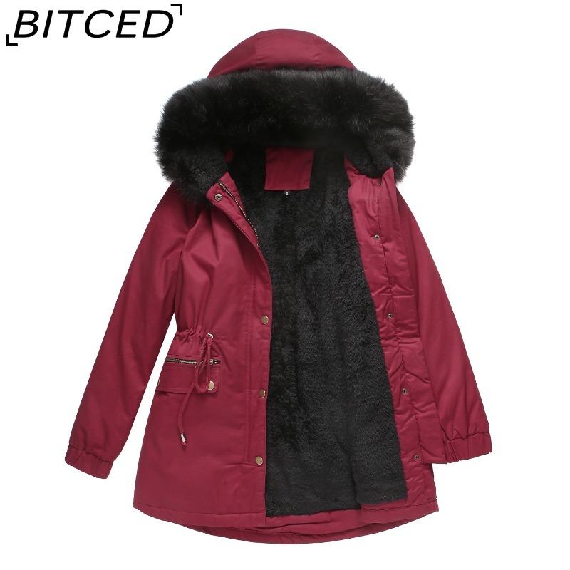 BITCED Fall/Winter Puffer Jacket for Women with Fleece Lining, Fur Collar, Hooded Warm Coat, Loose-Fit Cotton Jacket