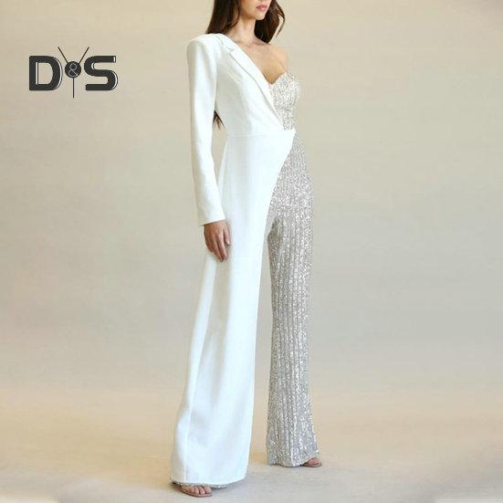 Salopetă pentru femei, cu un umăr, cu o mânecă, haină, rochie, paiete strălucitoare, asimetrică, culoare asortată cu picior lat, talie strânsă, salopetă pentru petrecere de bal