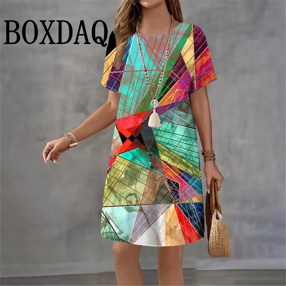2026 Women Dresses Summer Dot 3D Printed Loose Clothing O-Neck Short Sleeved Clothing Fashionable Tie Dye Geometry Casual Dress