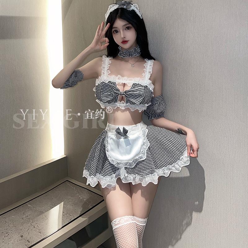 Yi Yue Seksi Hizmetçi Ekose Rol Yapma İç Çamaşırı Seti - Pijama Baştan Çıkarma 8464