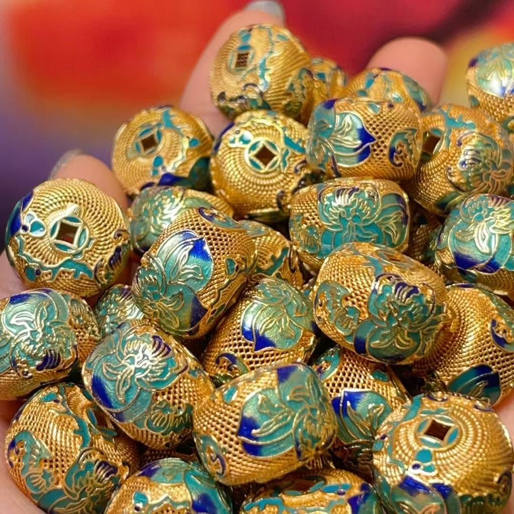 5Pcs, Vintage Cloisonné Lotus Pattern Barrel Beads, Golden/Silvery Plated DIY Jewelry Spacer Findings for Bracelet & Necklace Making 15×13mm