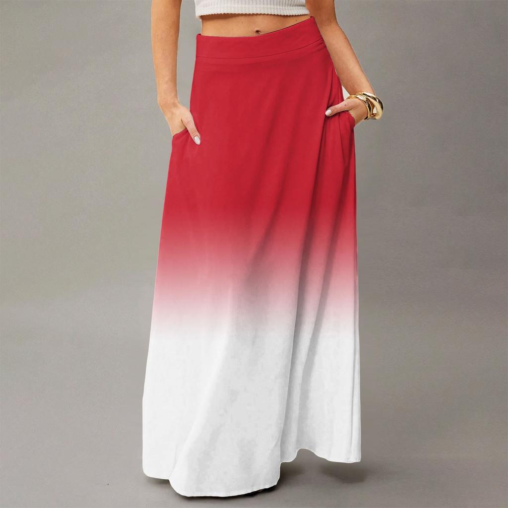 Damen Lässig Freizeit Faltbar Farbverlauf Druck Hohe Taille Mit Tasche Drapierter Entspannter Langer Maxi Rock