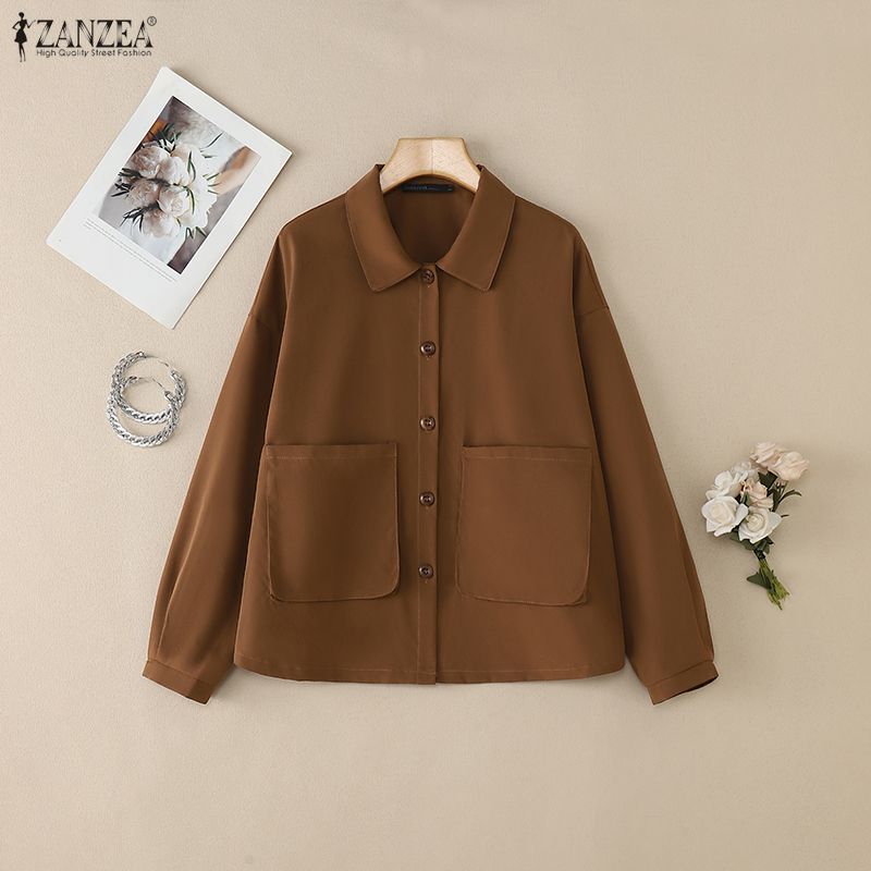 ZANZEA Women Casual Turn Down Collar Loose Long Sleeve Blouse