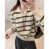 Lapel Pullover Sweater Women's Spring and Autumn New Simple Contrasting Stripes Lazy Versatile Loose Knitted Sweater