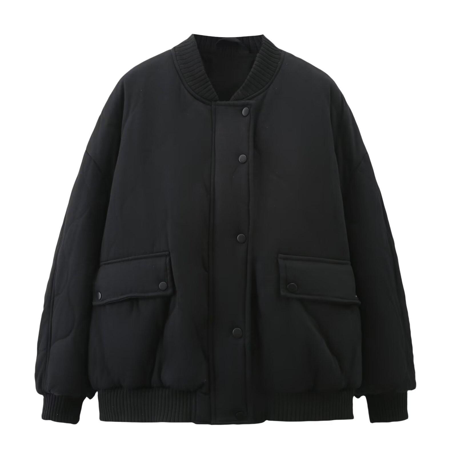 

2024 Зимняя женская модная свободная куртка-бомбер в европейском и американском стиле - Хлопковое пальто XS чёрный