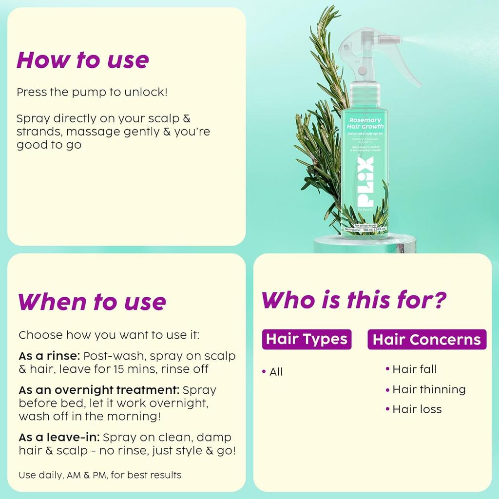 PLIX O Fixador de Plantas Spray Capilar Avançado de Alecrim 100ml Para Cabelos Mais Cheios e Espessos Todos os Tipos