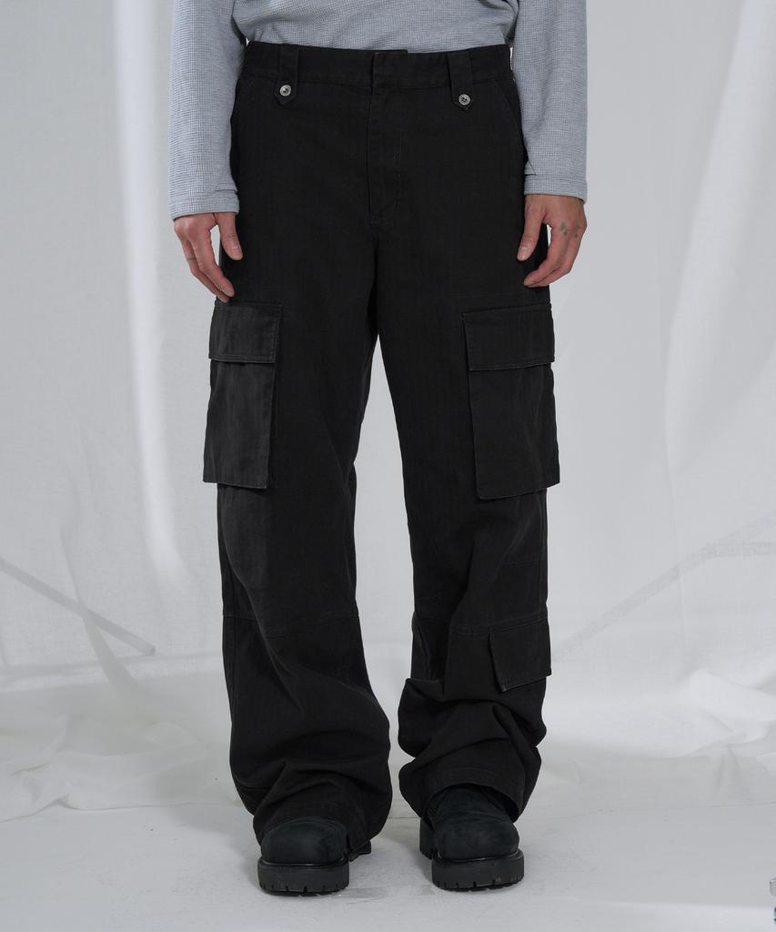 SLOWACID Washed Herringbone Cargo Pants [Black]