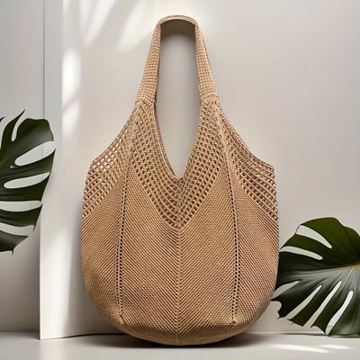 Damen Große Kapazität Böhmische Gestrickte Gehäkelte Umhängetasche, Modische Hohl Gewebte Tragetasche, Strandurlaub und Freizeit Ausflug, Strandtasche