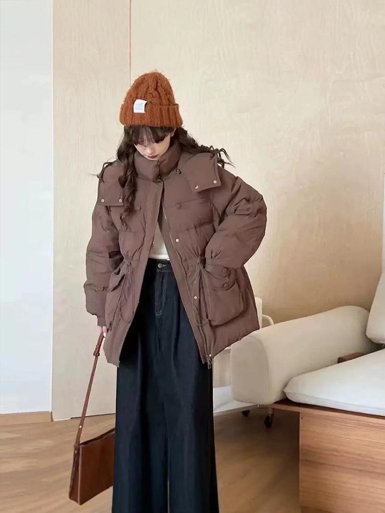 025 Zimná zúžená páperová bunda s kapucňou: Dámsky biely páperový kabát z kačacieho peria, štíhly strih, strednej dĺžky, zosilnený