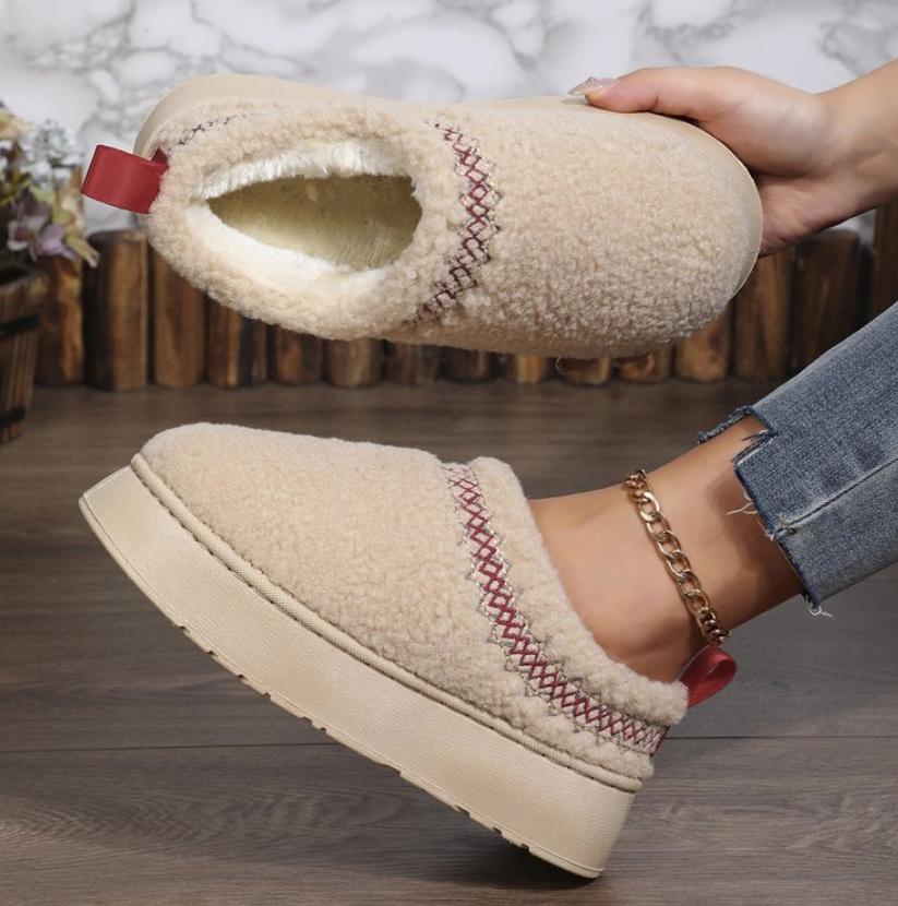 Winter Ankle Boots Women Fleece-Lined Warm Thick-Soled No-Heel Cotton Shoes Half Drag Shoes with Fur Lining for Snowy Landscape