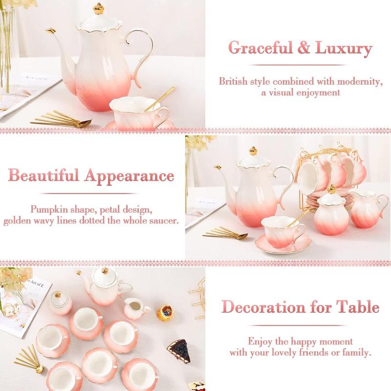 22 pcs Porcelain Tea Set for 6, Luxury British Style Tea/Coffee Cup Set with Golden Trim, Beautiful Tea Set for Women