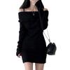 New Sweet Spice Girl Long-sleeved Slim-fitting Waist Pure Desire Hip-wrapped Short Skirt Thin Black One-word Shoulder Dress Women