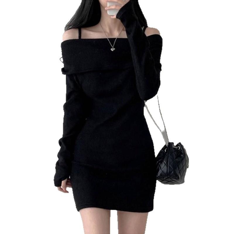 New Sweet Spice Girl Long-sleeved Slim-fitting Waist Pure Desire Hip-wrapped Short Skirt Thin Black One-word Shoulder Dress Women