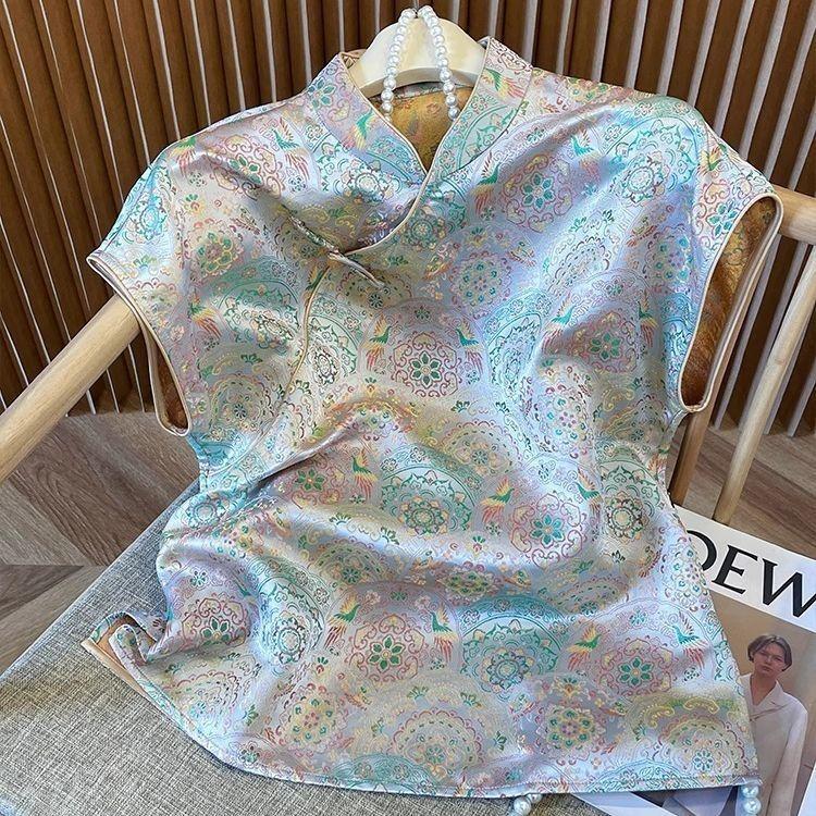 

2025 лето жаккардовая модная тонкая рубашка на пуговицах новая ретро с коротким рукавом диагональная блузка женская M [Recommended within 50kg]