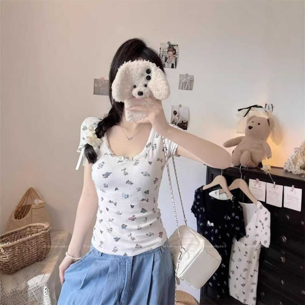 Sweet Spice Girl U-Neck Floral Bow with Chest Pad Short Sleeve T-Shirt Women's Summer New Slim Skinny Versatile Top