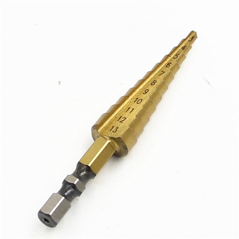 Metric 1/4 Hex Shank Titanium Coated Step Drill Bit 3-13mm Drilling Power Tools Metal High Speed Steel Wood Hole Cutter Cone Drill