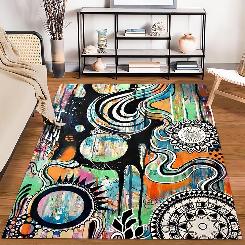Abstract Art Carpet with Colorful Swirls, Mandala Patterns and Circles Suitable for use as an anti-slip for living room bedroom sofas