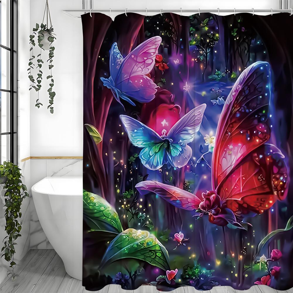 Enchanted Forest Fantasy Butterfly Shower Curtain, Bathroom Decorative Shower Curtain, Waterproof Shower Curtain with Hooks