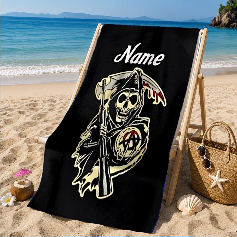 Custom Name Biker Club Anarchy Heart In Space Adventure Microfiber Beach Towel, Lightweight for Summer Travel, Swimming Pool Fan Gift