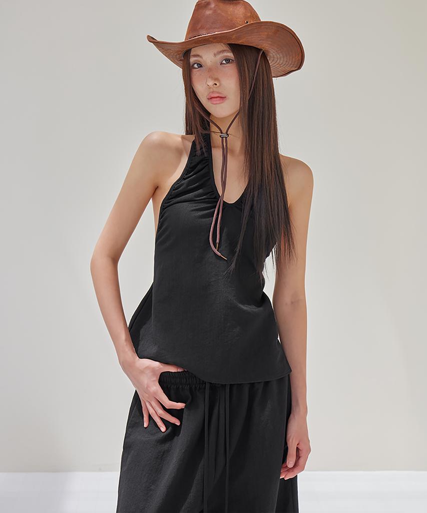 Leondeondada Linen-Like Halter Shirring Top, Black