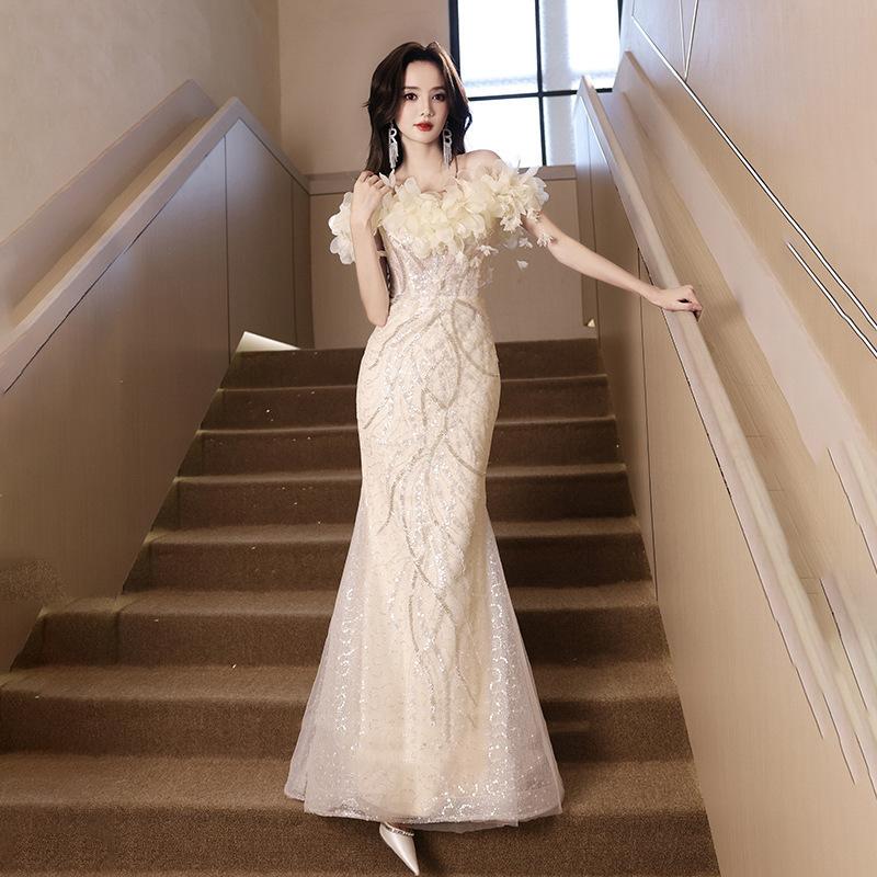 One-word Shoulder Dress Champagne 1011 New Summer High-end Light Luxury Birthday Host Banquet Evening Dress Dress