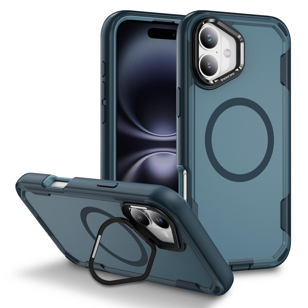 Voor iPhone 16 Hoesje Compatibel met MagSafe Lensframe Kickstand TPU + PC Schokbestendige Telefoonhoes