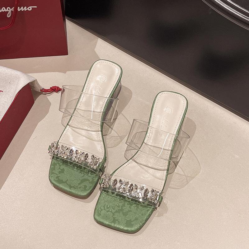 

New silver crystal high-heeled women s shoes, summer fashion sandals, thick-heeled rhinestone transparent sandals 40