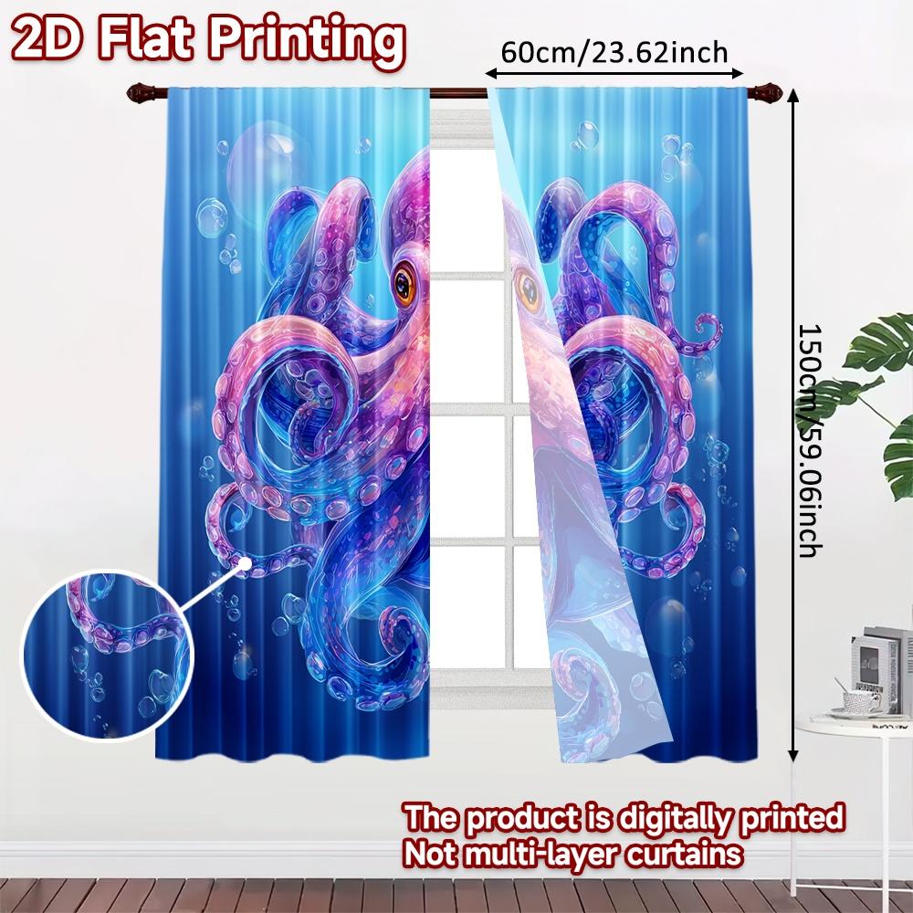 2pcs, 2D FLAT PRINTING Curtains (Without Rod) Deepsea Octopus Modern Fashionable Curtainments during the Christmas holiday