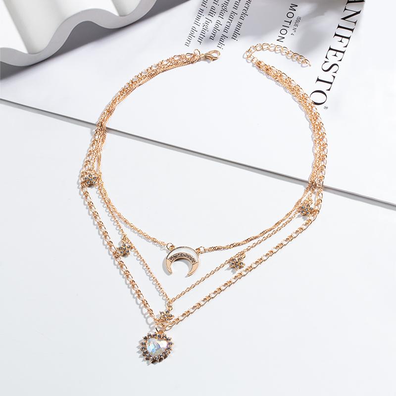 Multi Layer Gold Color Metal Necklace Vintage Love Heart Crystal Necklace Alloy Moon & Crystal Necklace for Women and Girls