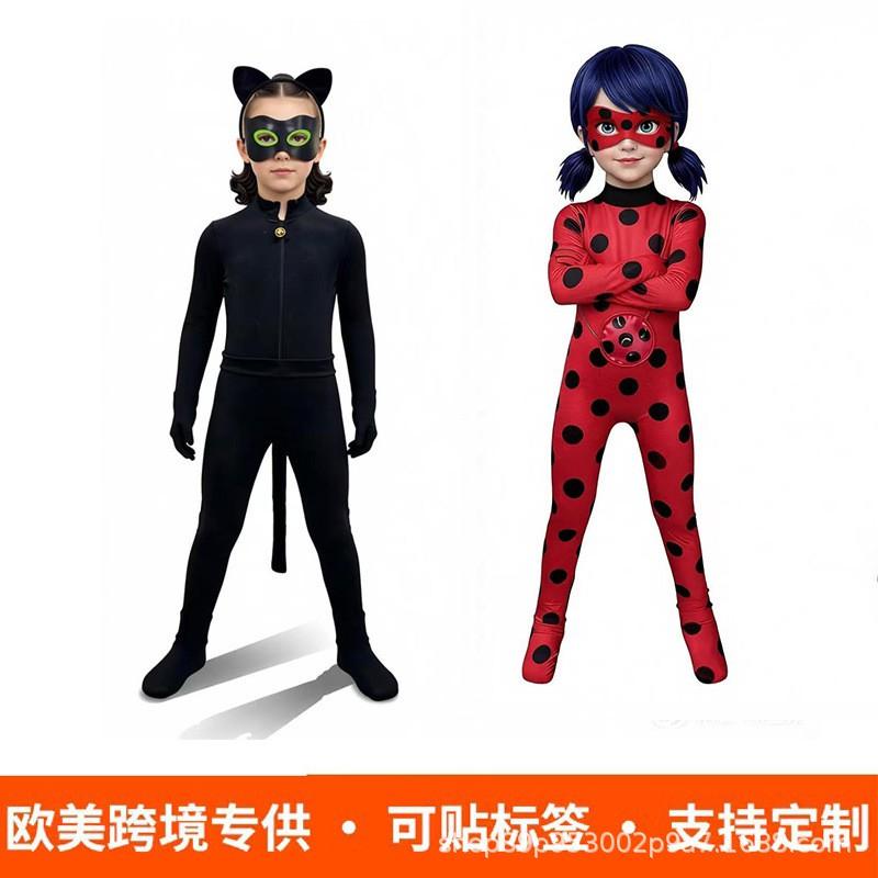 Kids Halloween Ladybug Black Cat Cosplay Jumpsuit Role Play Costume Set