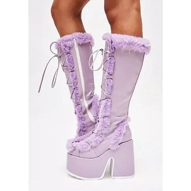 Winter Damen Schneestiefel Plateau Keilabsatz High Heel Kunstpelz Damenschuhe Damen Plüsch Warm Rutschfeste Stiefel Mitte Wade Gothic Schuhe