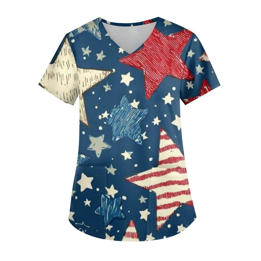 Ladies' Independence Day Printed Fashionable V-neck Pocket Short Sleeved Uniform and Caregiver Top
