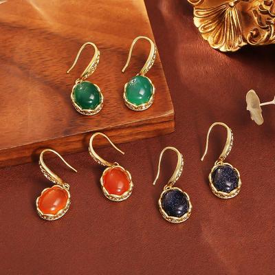 Elegant Gold-Plated Natural Stone Earrings for Women - Fashionable Autumn/Winter Style