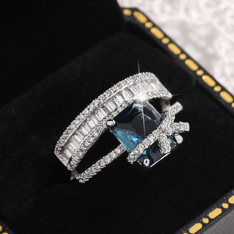 Luxury Blue Cubic Zirconia Rings for Women 925 Silver Plated Designed Female Ring Anniversary Party Statement Jewelry