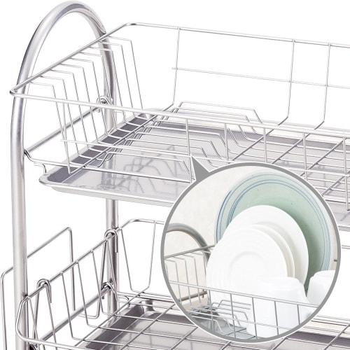 Wahei Freiz Iron Dish Drainer, Plonge, 2-Tier, Powder Coated, with Cutlery Pocket and Cutting Board Holder, PM-9017