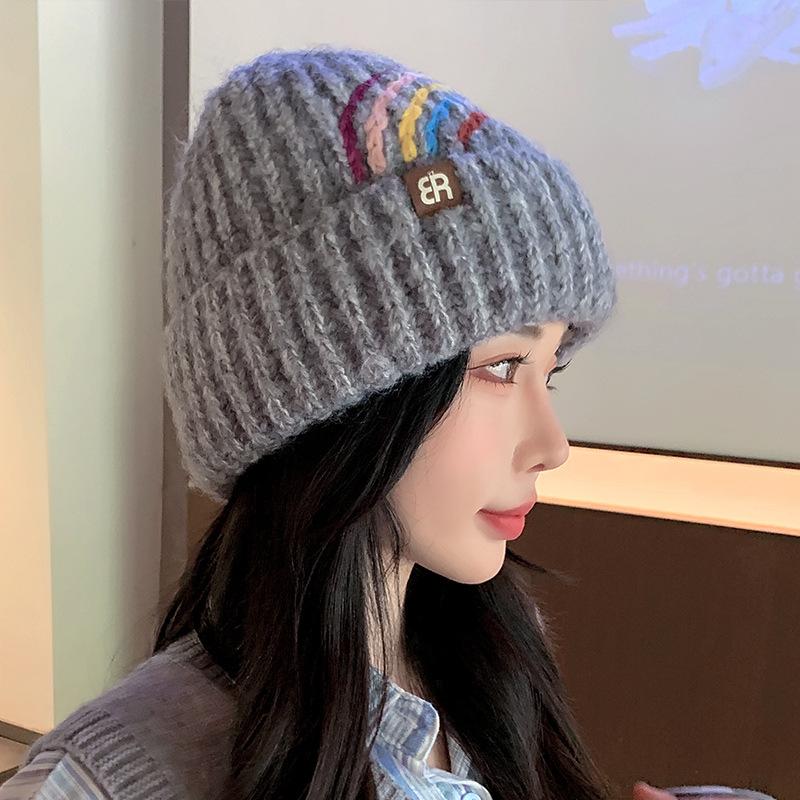 Woolen Hat for Women Warm and Versatile Rainbow Knitted Hat for Students  Outdoor Cold Proof Pullover Hat  Ear Protection Cold Hat for Men