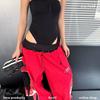 DRIPX Women Spring Thin Red Casual Pants Lady High‑Rise Double‑Waistband Wide‑Leg Streetwear Long Full‑Length Trousers
