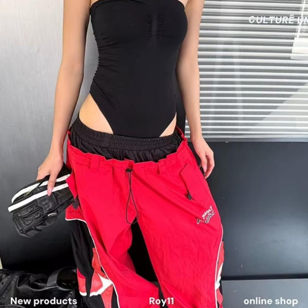 DRIPX Women Spring Thin Red Casual Pants Lady High‑Rise Double‑Waistband Wide‑Leg Streetwear Long Full‑Length Trousers