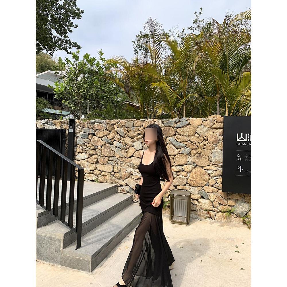 White Mesh Suspender Dress Women's Summer French New Seaside Vacation Huge Good-looking Fishtail Hip-wrapped Long Skirt