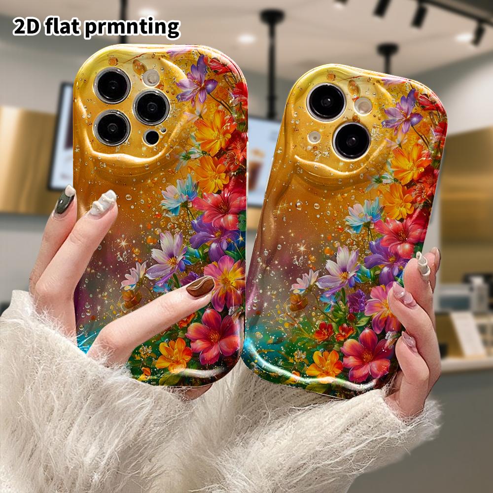 Phone Case: 2D flat design suitable for iPhone 18 17 16 15 14 13 Pro protective case, gilded floral pattern, perfect Christmas and Halloween holiday g