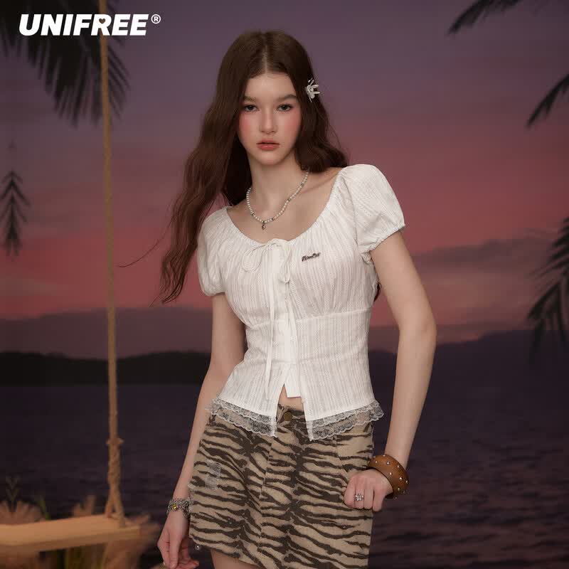 unifree French Chic Short Sleeve Lace Blouse