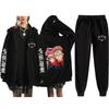 Unisex Winter Casual Sport Set With Anime Print Hooded Zip-Up Sweatshirt Jogger Pants Cotton Blend