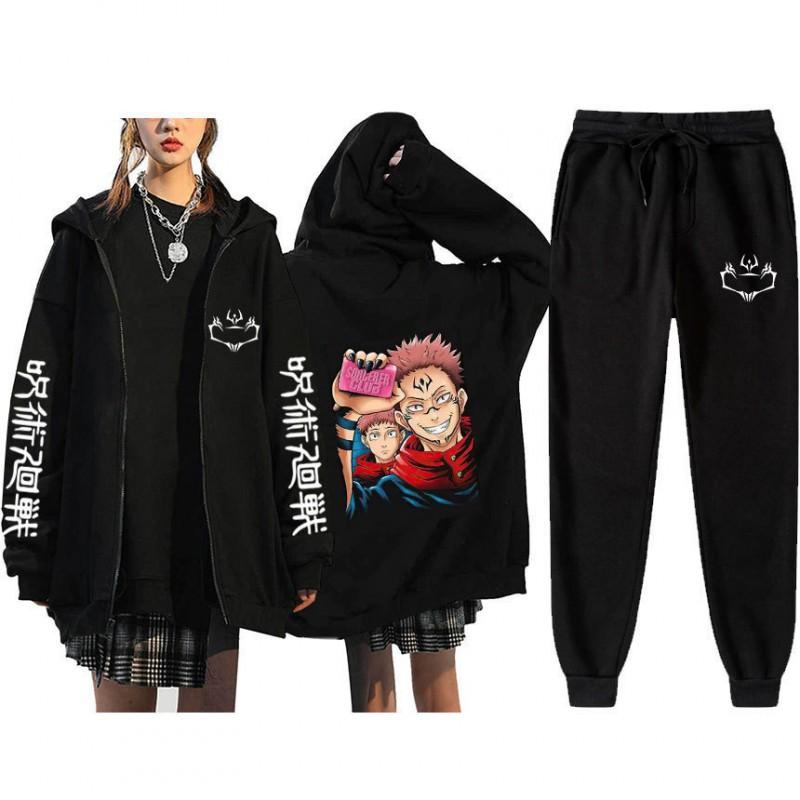Unisex Winter Casual Sport Set With Anime Print Hooded Zip-Up Sweatshirt Jogger Pants Cotton Blend
