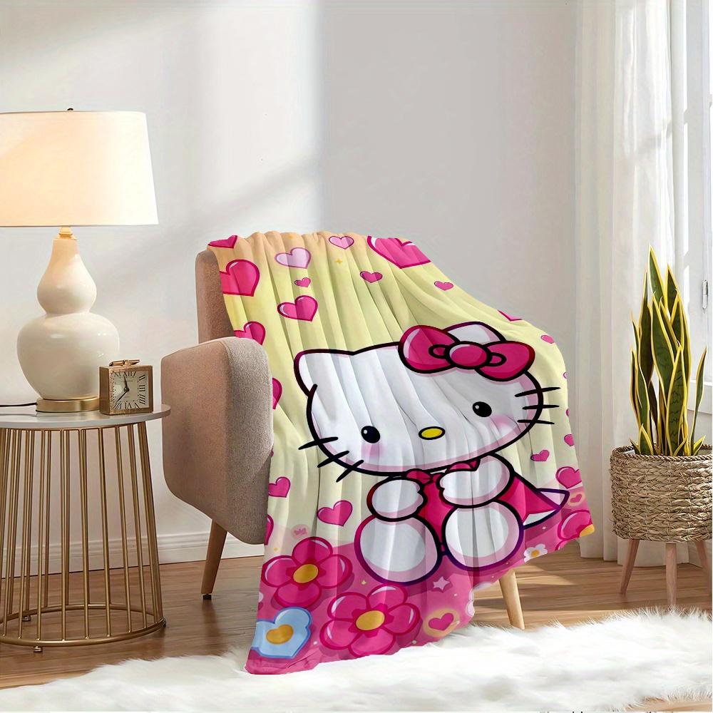 For Kitty, Hearts, FlowersAnime-Themed Flannel Blanket, Glam Style, Digital Print, All-Season Comfort, Tear-Resistant, Knitted Craftsmanship