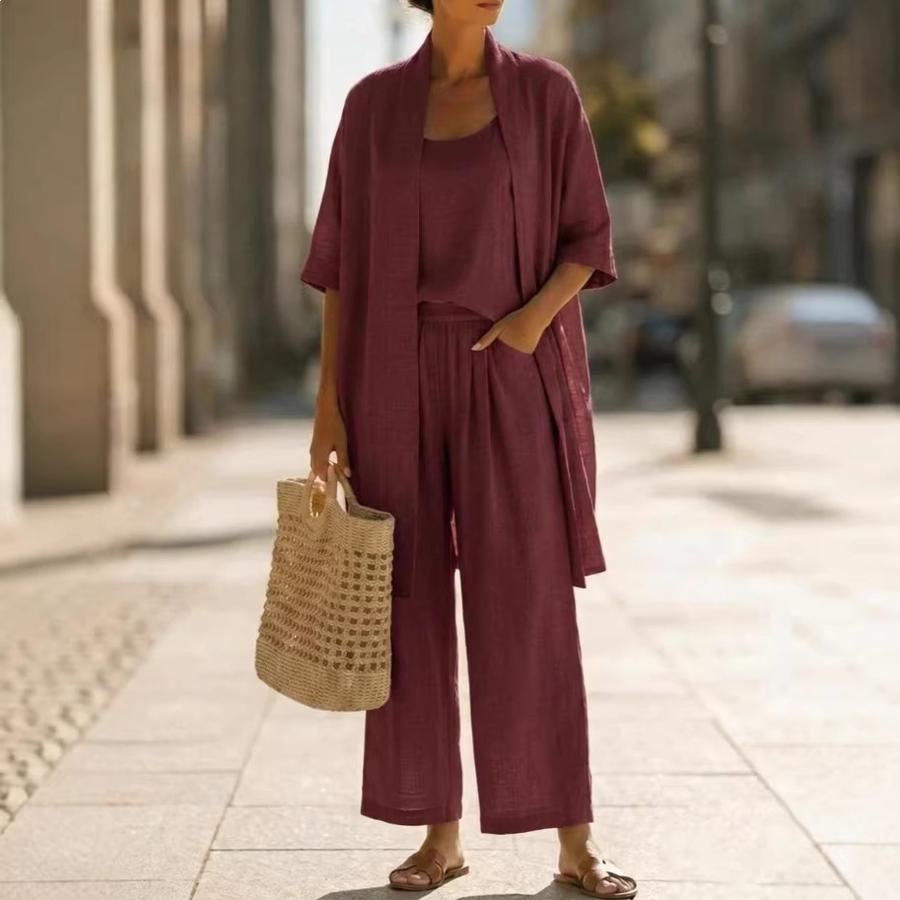 Sommer Neues Gerader Schnitt Einfarbige Reiseurlaub Bequem Freizeit Temperament Dreiteiliges Set Outfit