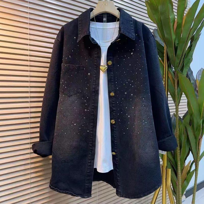 Camicia di jeans da donna autunnale con strass manica lunga taglie forti