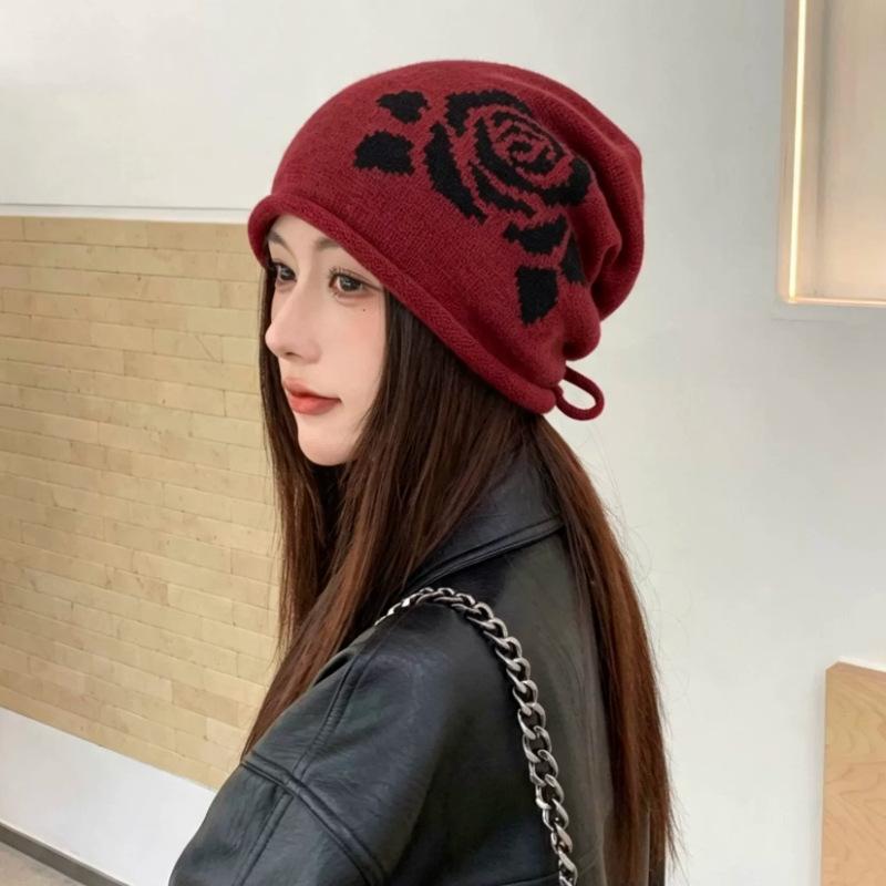Rose Jacquard Knitted Stacking Hat Children Autumn and Winter Drawstring Versatile Face Small Baotou Hat Warm Ear Protector Cold Hat