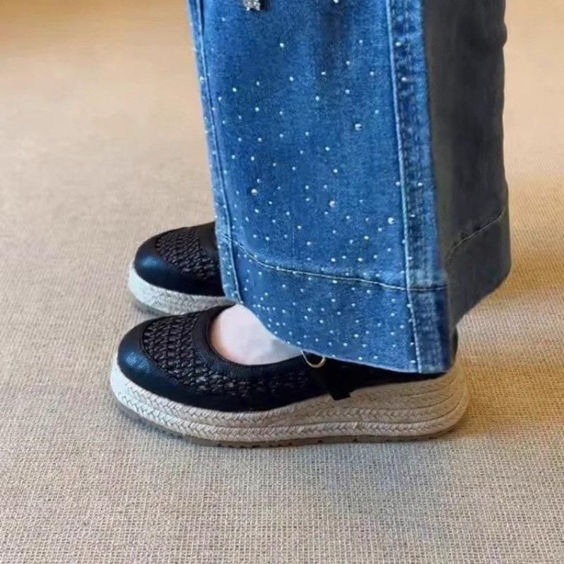 Fashion 2025 New Niche Platform Straw Round-toe Woven Hollowed-out One-buckle Strap Heightened Retro Single Shoes