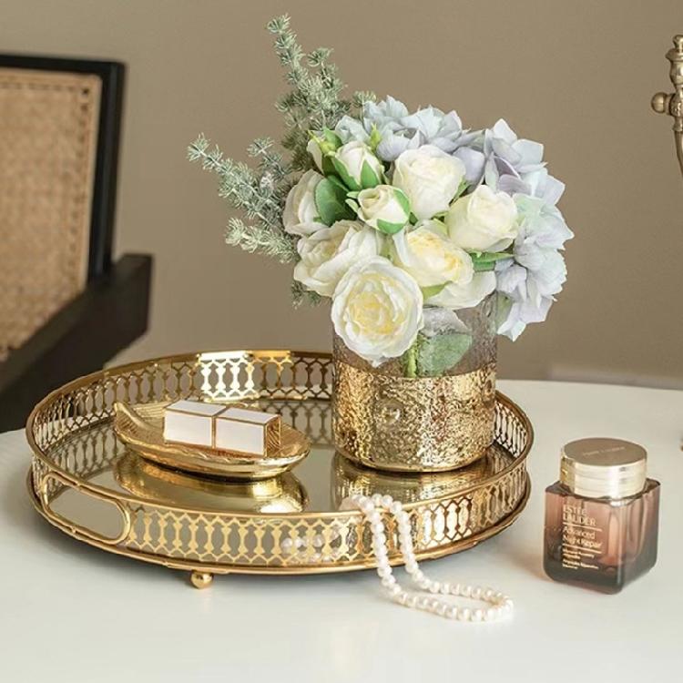 Gold Trimmed Glass Cosmetic Storage Tray Elegant Makeup Perfumes Organizer Metal Construction Display Plate